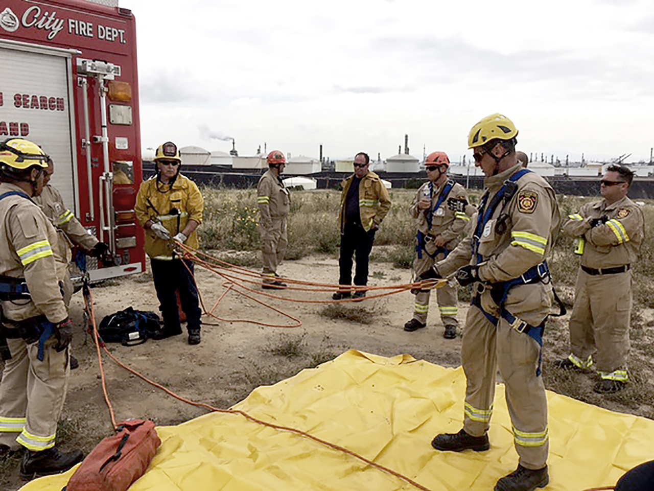 Los Angeles firefighters prepare to train in rescuing victims from combined spaces at Defense Fuel Support Point San Pedro. Courtesy Photo