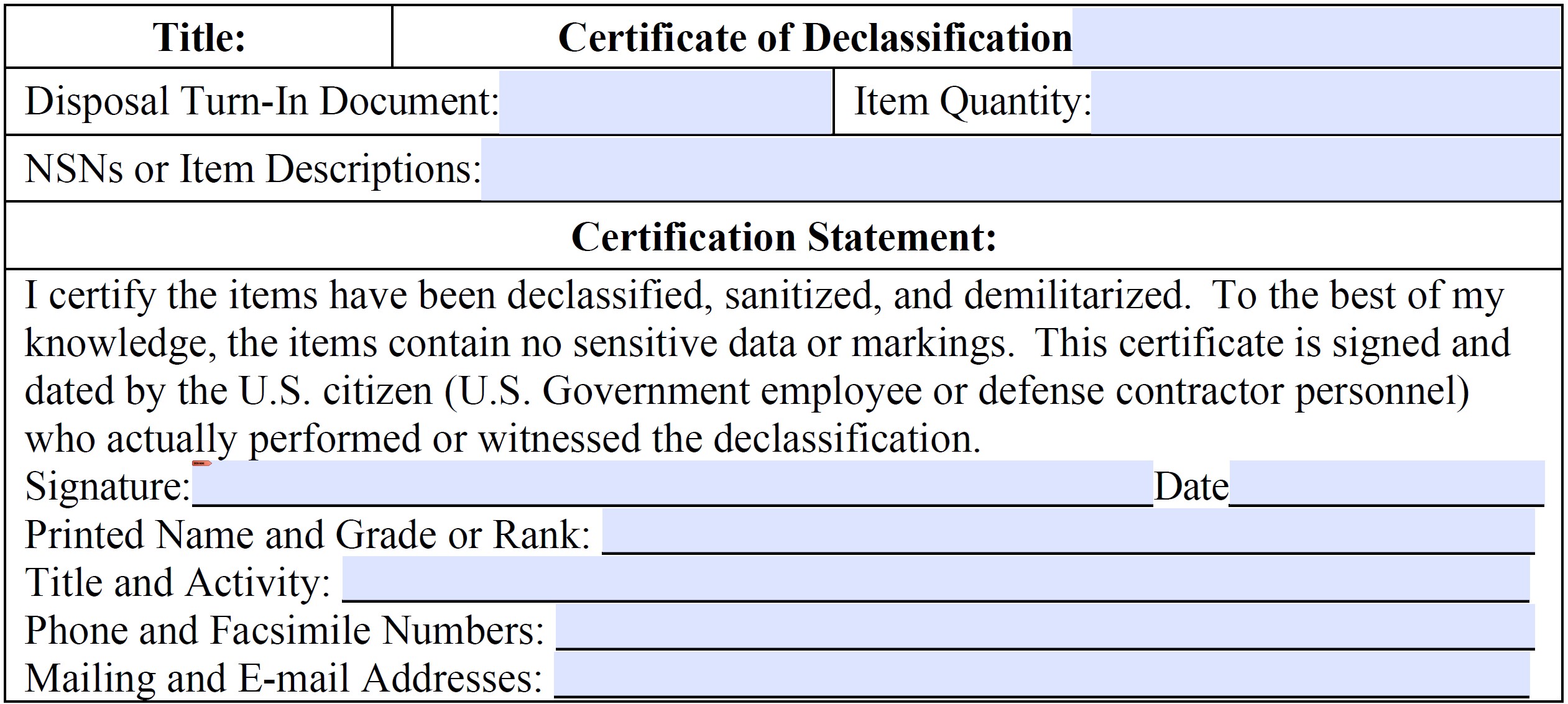 Drain and Purge Certificate