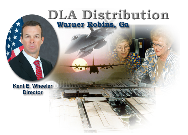 Image of DLA Distribution, Warner Robins, Georgia, with image of Director Kent E. Wheeler