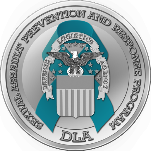 DLA SAPRP Logo: Teal Support Ribbon behind the DLA Seal surrounded by text reading Sexual Assault Prevention and Response Program