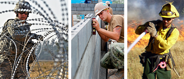 A collage of images of fencing wire, wall construction and firefighting