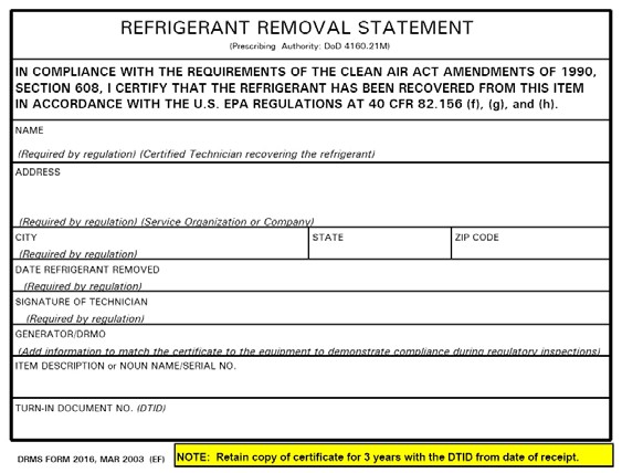 Refrigerant Removal Statement