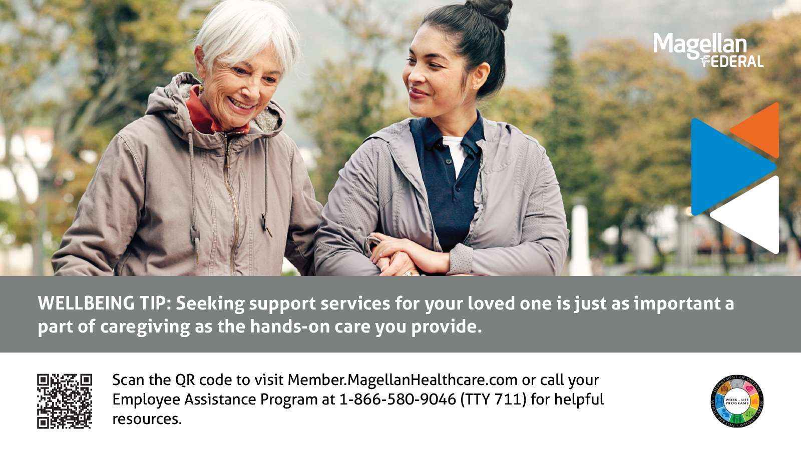 Two women sitting next to each other in an embrace looking at each other with a smile with a wellbeing top: Seeking support services for you loved one is just as important a part of caregiving as the hands-on care you provide.