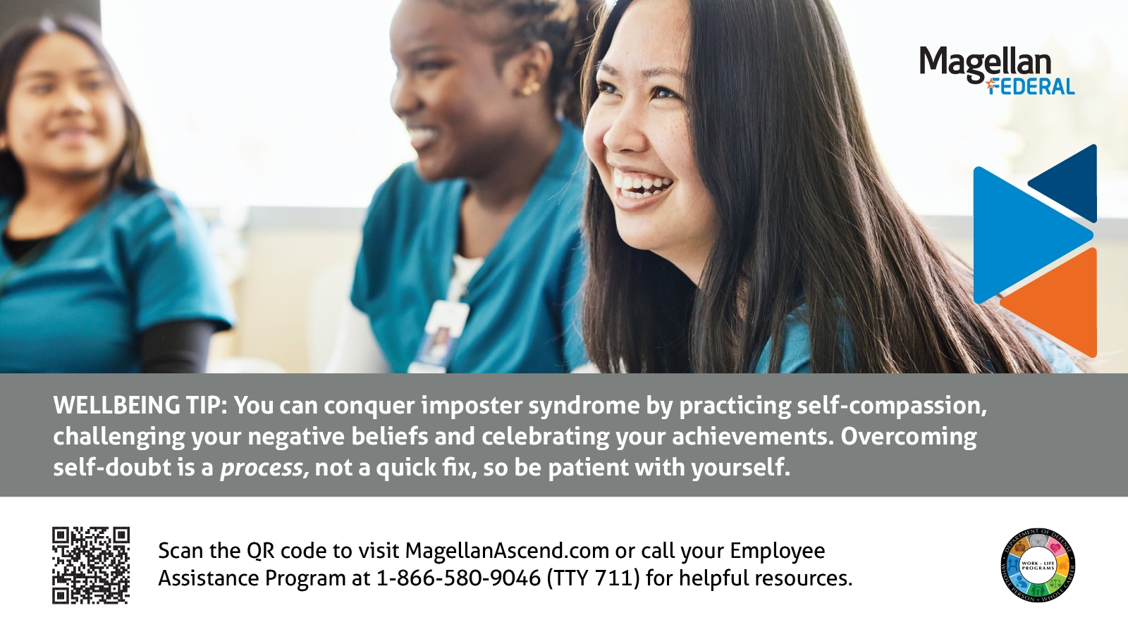 Three women wearing teal uniforms smiling and talking together. Text Reads: 'Wellbeing Tip: You can conquer imposter syndrome by practicing self-compassion, challenging your negative beliefs and celebrating your achievements.  Overcoming self-doubt is a process, not a quick fix, so be patient with yourself.' 