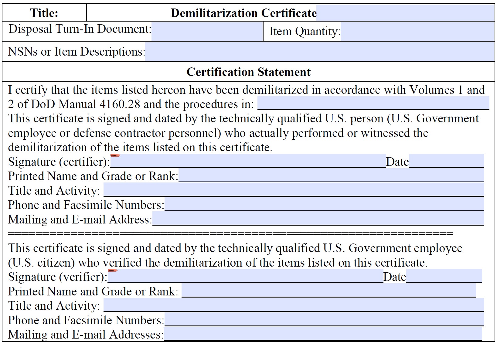 DEMIL Certificate