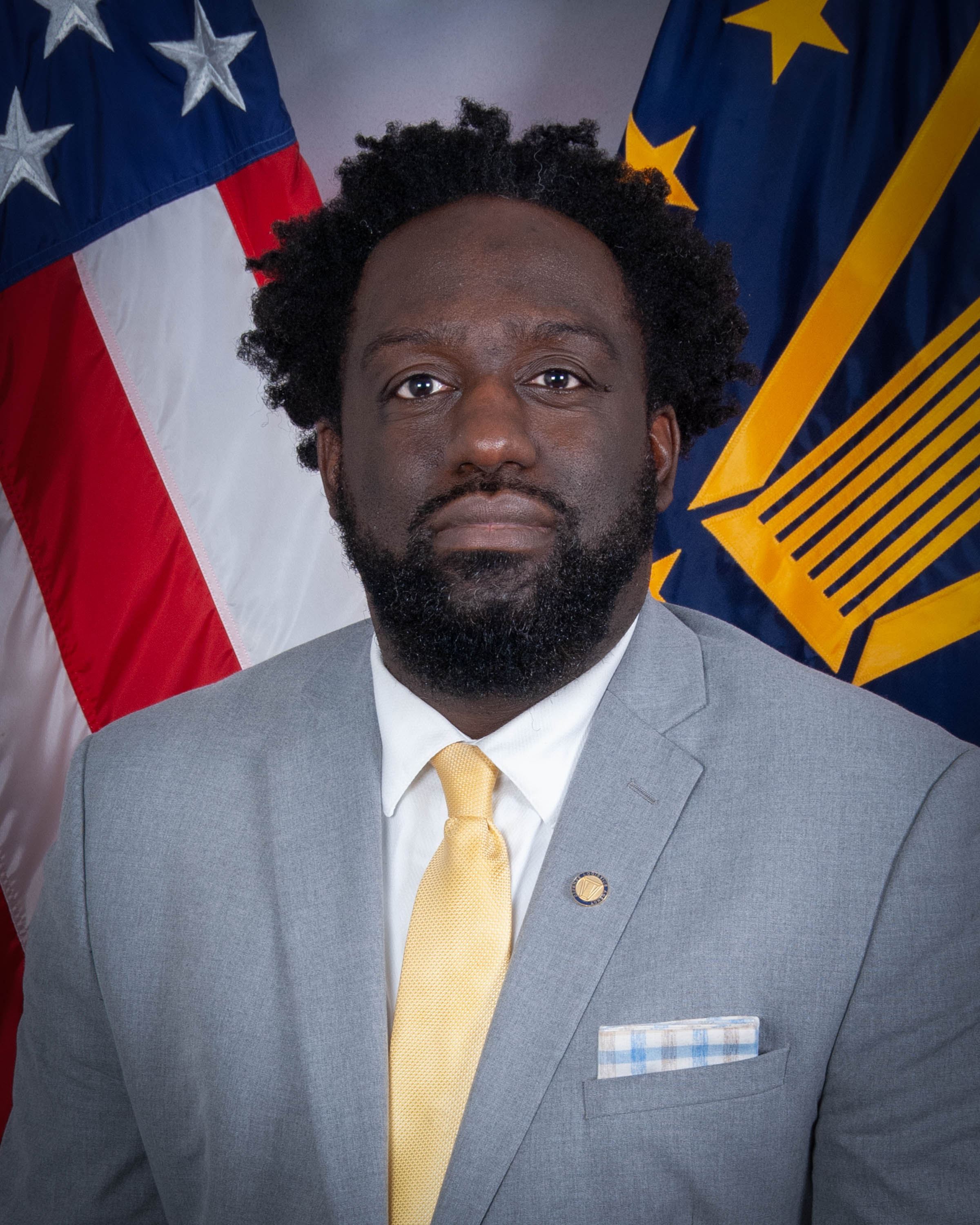 DLA Chief Information Officer Adarryl Roberts' portrait in front of the US and SES flags DLA Chief Information Officer Adarryl Roberts' portrait in front of the US and SES flags