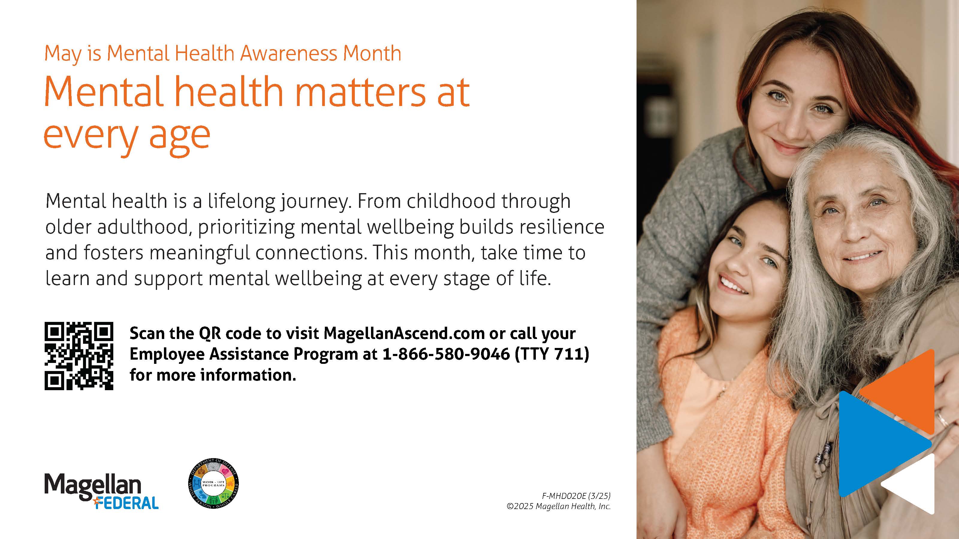 Flyer for mental health awareness month in May, featuring the message 'Mental health matters at every age.' It includes a photo of three smiling women from different generations embracing - representing childhood, adulthood, and older age. The flyer encourages support for mental wellbeing across the lifespan. 