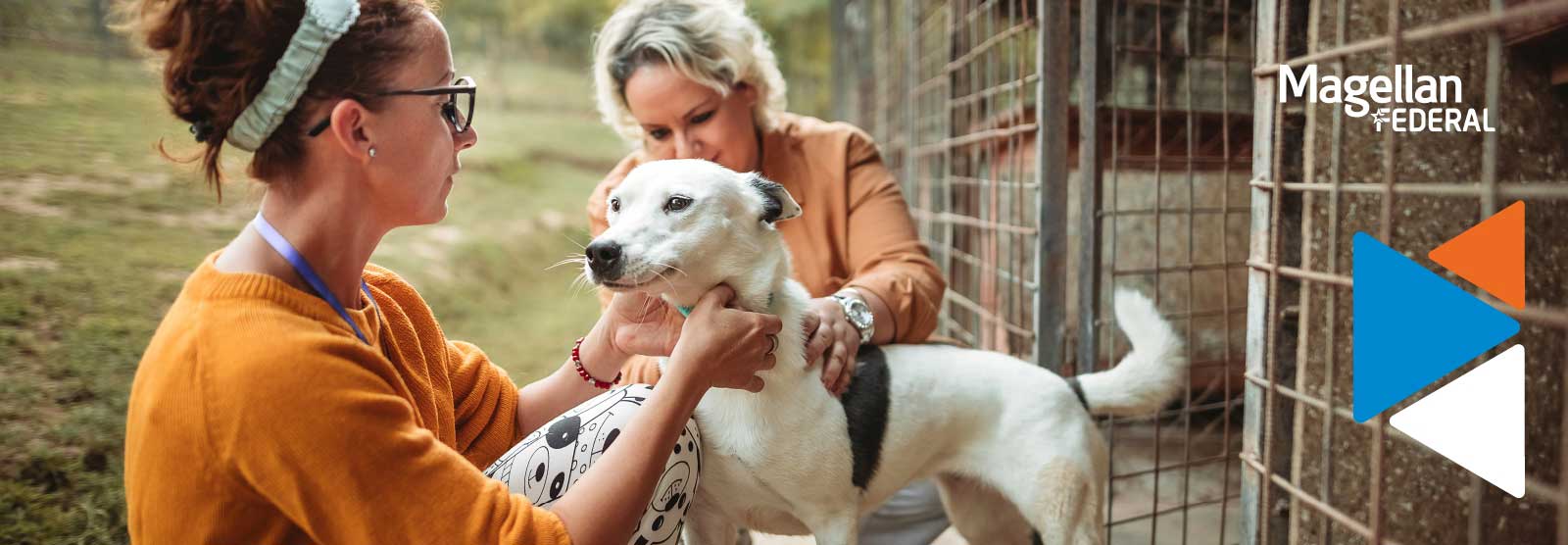 Two women are at an animal shelter. One woman in an orange sweater is kneeling down to pet a black and white dog, while another woman stands behind her, also looking at the dog.