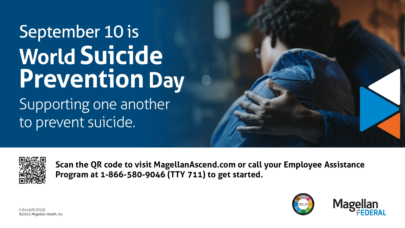Flyer for World Suicide Prevention Day on September 10th, two people hugging looking the other direction with the Caption 'Supporting one another to prevent suicide.'