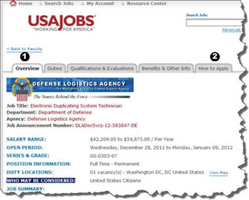 screenshot of USA Jobs website