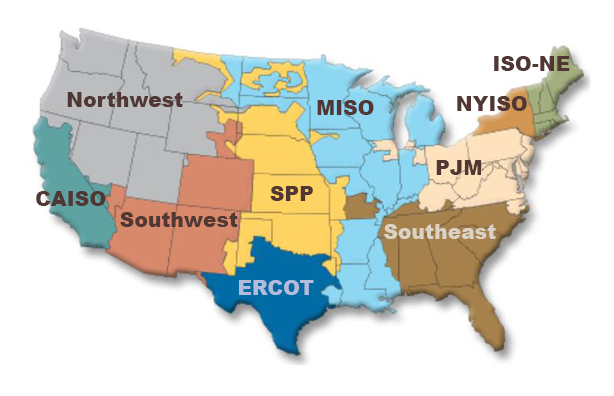 A US map is divided into ten regions according to their electric power markets