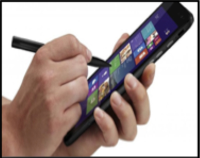 Hands hold up a tablet-style mobile device