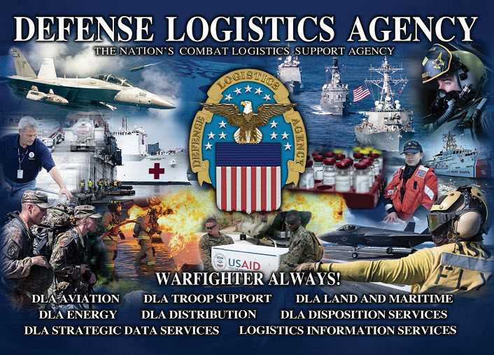 Collage of DLA emblem surrounded by United States Warfighters using weapons and weapon systems