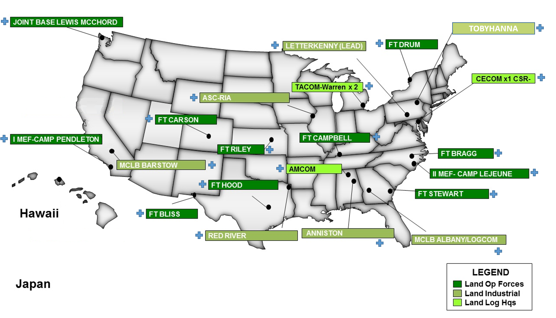 The CONUS map shows all the locations where DLA associates are co-located with their customers. The locations are identified as either Land Operating Forces or Land Log Headquarters. The CONUS map shows all the locations where DLA associates are co-located with their customers. The locations are identified as either Land Operating Forces or Land Log Headquarters.