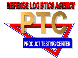 Product Test Center Logo. Has Defense Logistics Agency written in red at the top. A large gold PTC in the middle on top of a obtuse triangle and a Product Testing Center on a blue block background at the bottom.