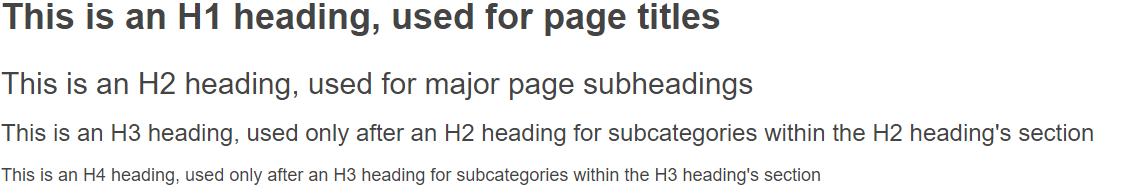 Four levels of text show comparisons of H1, H2, H3 and H4 headings