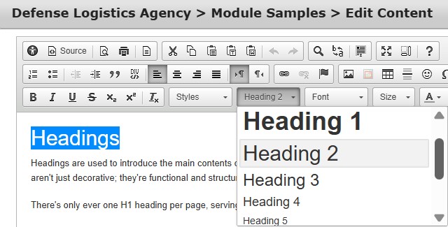 Heading selection drop down in the HTML modules, WYSIWG editors in AFPIMS
