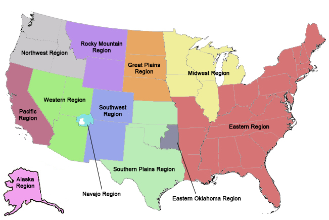 A map of the Bureau of Indian Affairs regions A map of the Bureau of Indian Affairs regions