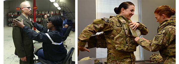 A serviceman getting fitted for his uniform and a service woman helping another put on a flack jacket