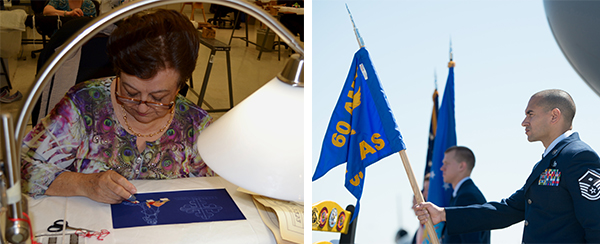 The presidential flag is hand embroidered. An airman with his unit guidon